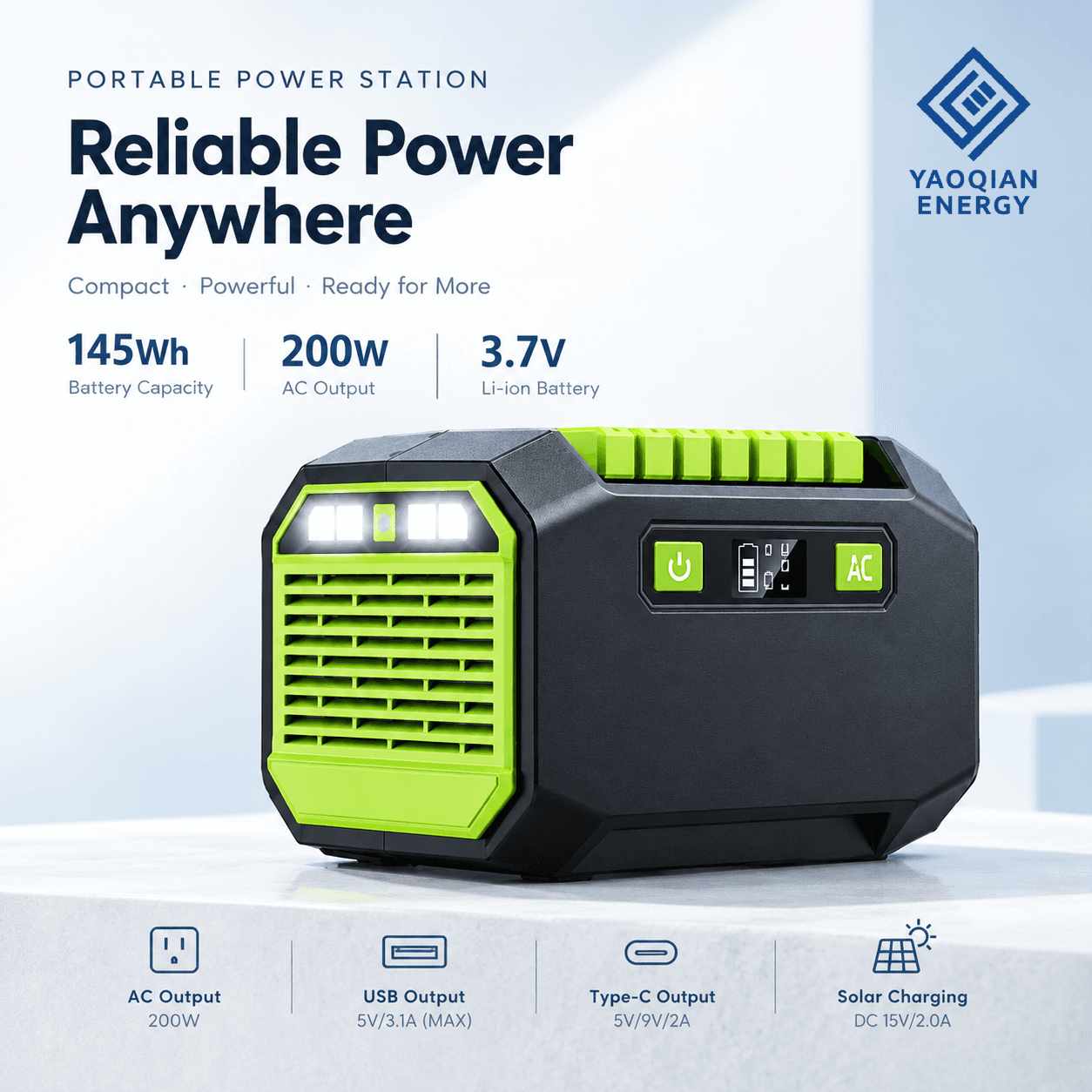 YQ-A1 145Wh 200W Portable Power Station with Solar Charging and AC, USB and DC Outputs - 2