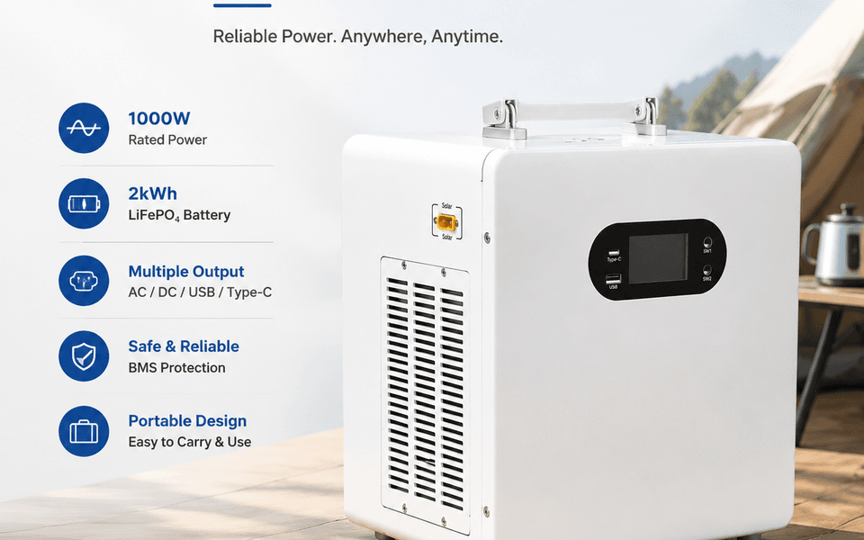 1000W 2kWh Solar Generator Portable Power Station with LiFePO4 Battery for Camping Home Backup