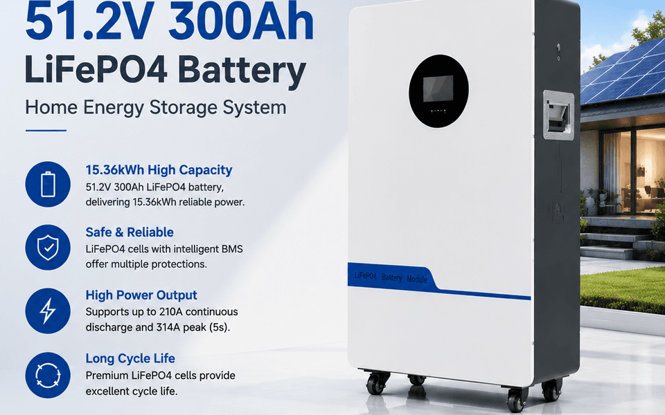 51.2V 300Ah 15kWh Residential LiFePO4 Battery Solar Generator Wall Mounted Energy Storage System for Home Backup