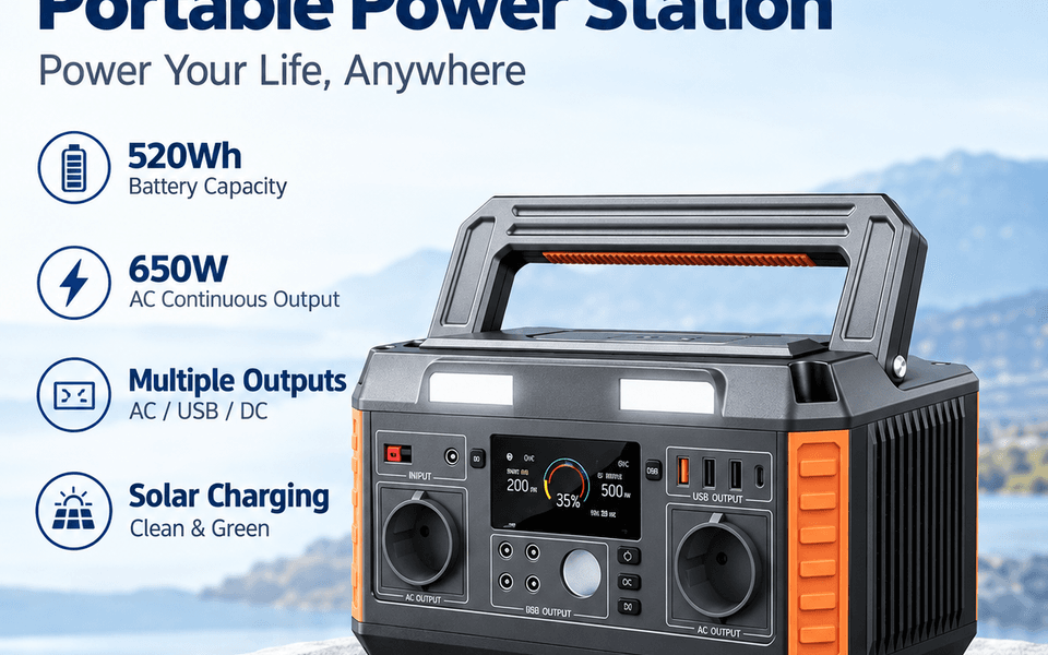YQ-A6 520Wh 600W Portable Power Station with Solar Charging, USB-C and Wireless Charging