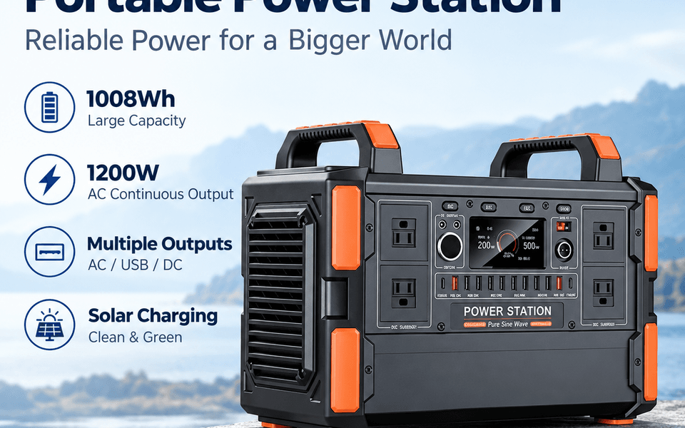 YQ-T11 1008Wh 1200W LiFePO4 Portable Power Station with Pure Sine Wave AC Output and MPPT Solar Charging