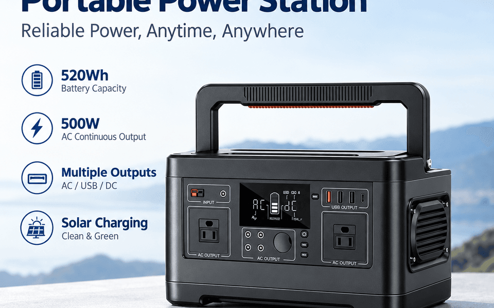 YQ-A5 520Wh 500W Portable Power Station with Pure Sine Wave AC Output and Solar Charging