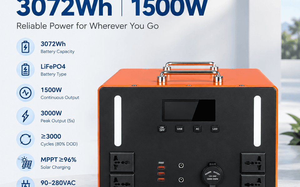 3072Wh LiFePO4 Portable Power Station with 1500W Continuous Output