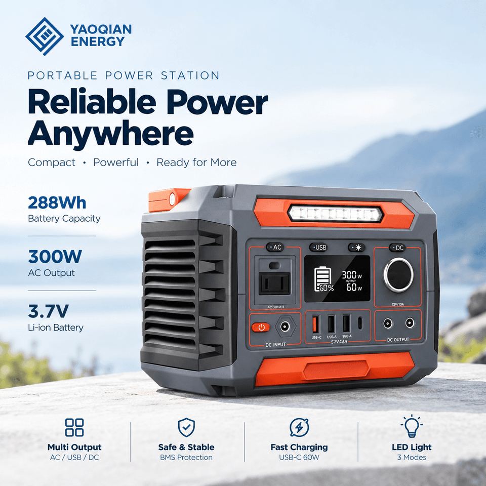 YQ-A3B 288Wh 300W Portable Power Station with Solar Charging and Wireless Charging