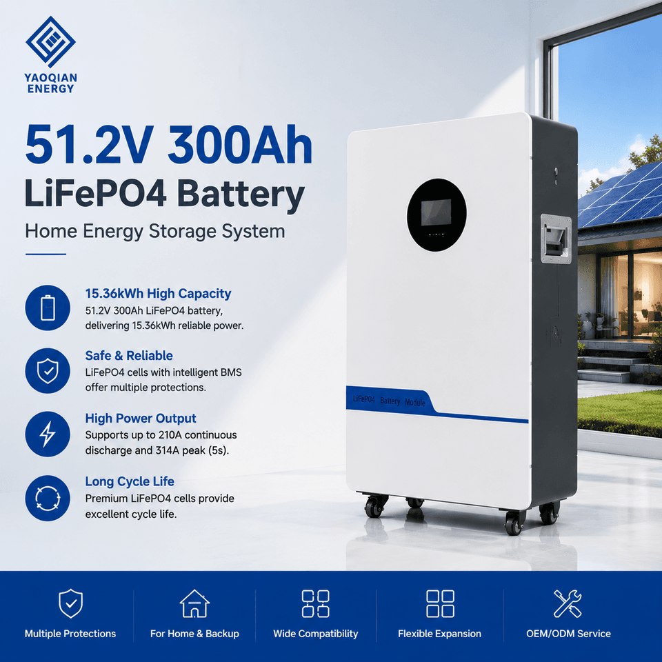 51.2V 300Ah 15kWh Residential LiFePO4 Battery Solar Generator Wall Mounted Energy Storage System for Home Backup
