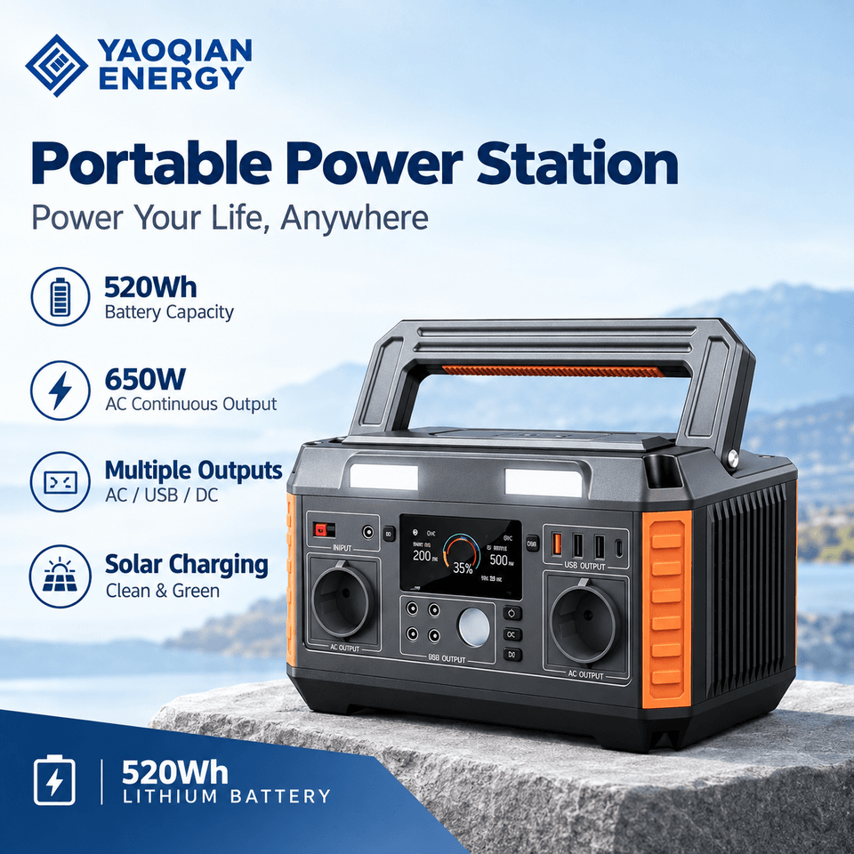 YQ-A6 520Wh 600W Portable Power Station with Solar Charging, USB-C and Wireless Charging