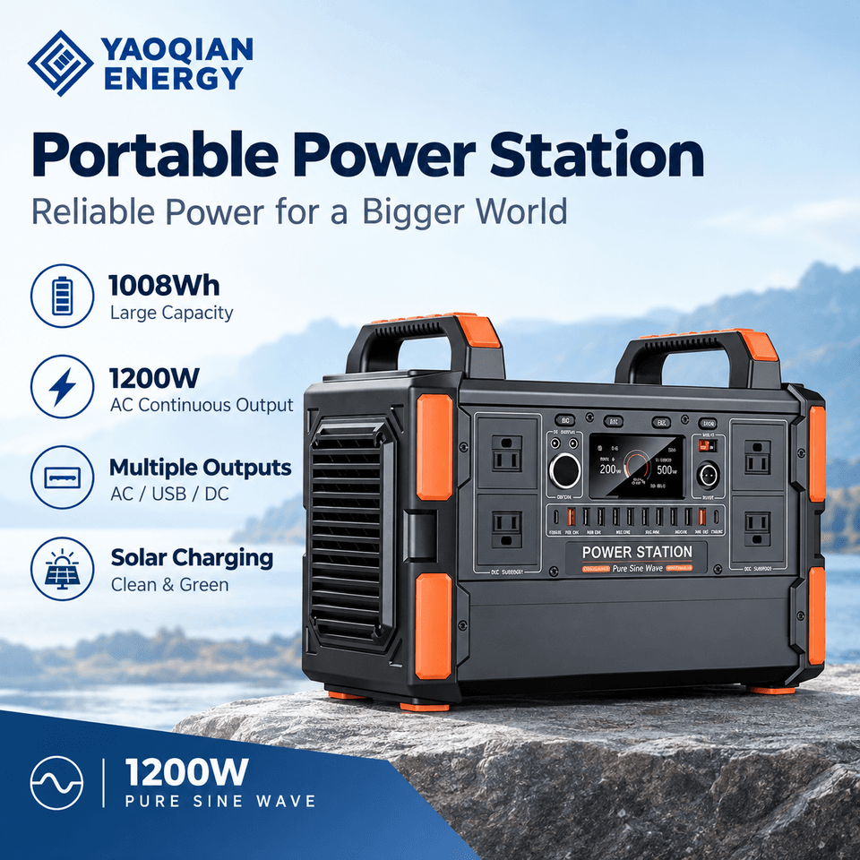 YQ-T11 1008Wh 1200W LiFePO4 Portable Power Station with Pure Sine Wave AC Output and MPPT Solar Charging
