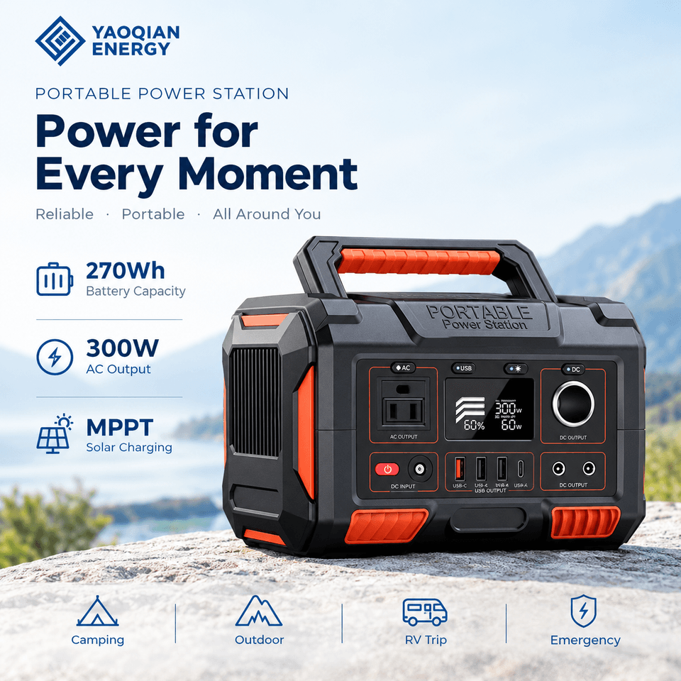 YQ-A3E 270Wh 300W Portable Power Station with Solar Charging and Multiple Outputs