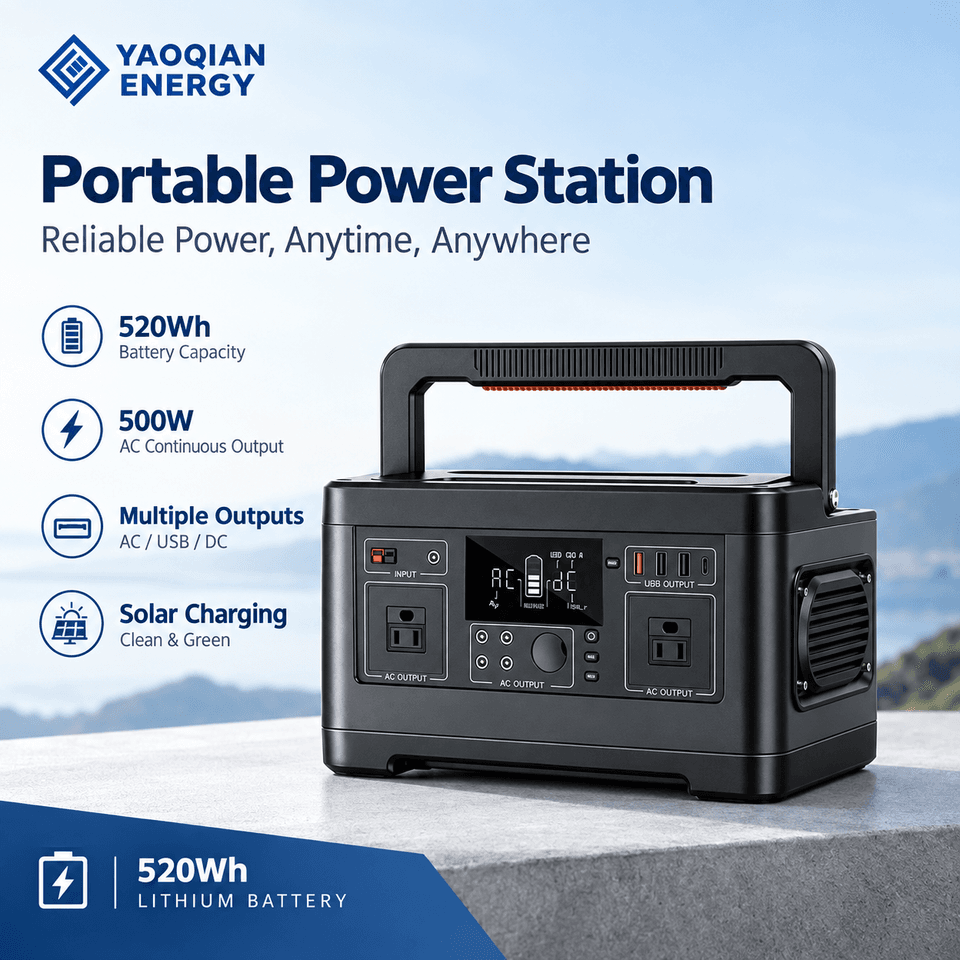 YQ-A5 520Wh 500W Portable Power Station with Pure Sine Wave AC Output and Solar Charging
