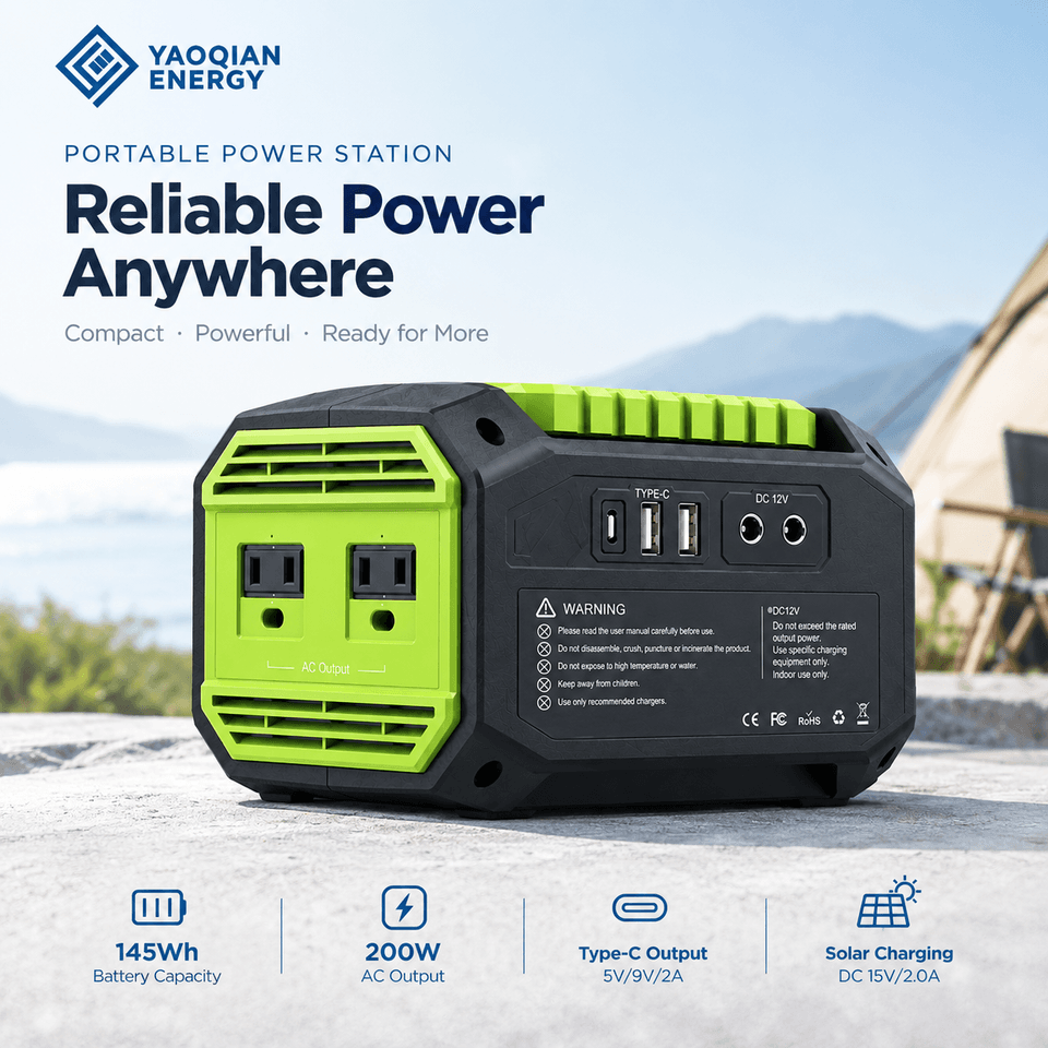 YQ-A1 145Wh 200W Portable Power Station with Solar Charging and AC, USB and DC Outputs