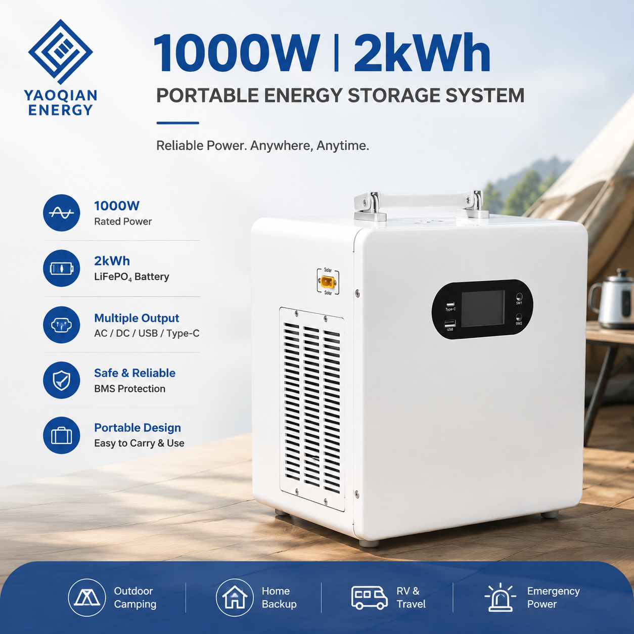 1000W 2kWh Solar Generator Portable Power Station with LiFePO4 Battery for Camping Home Backup 