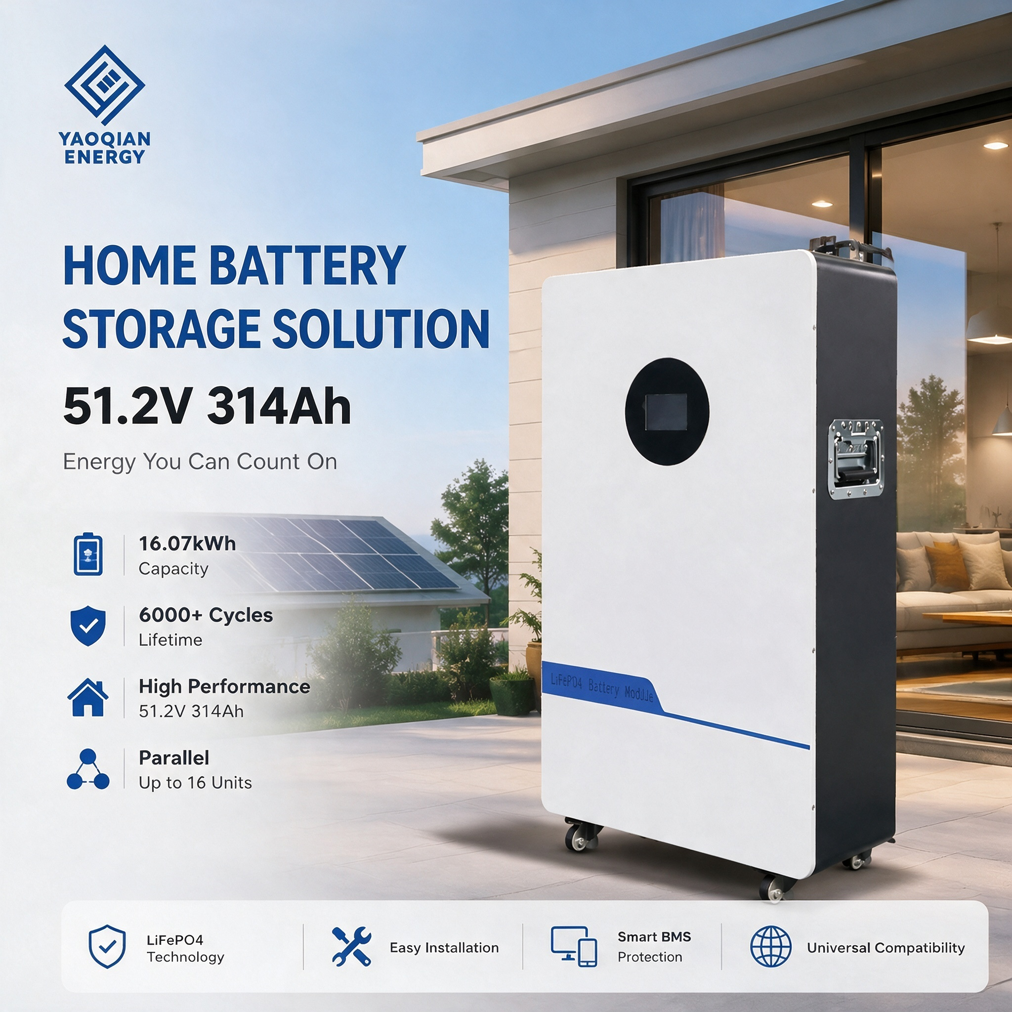 51.2V 314Ah 16kWh LiFePO4 Battery Energy Storage System Wall Mounted Residential Battery for Emergency Backup