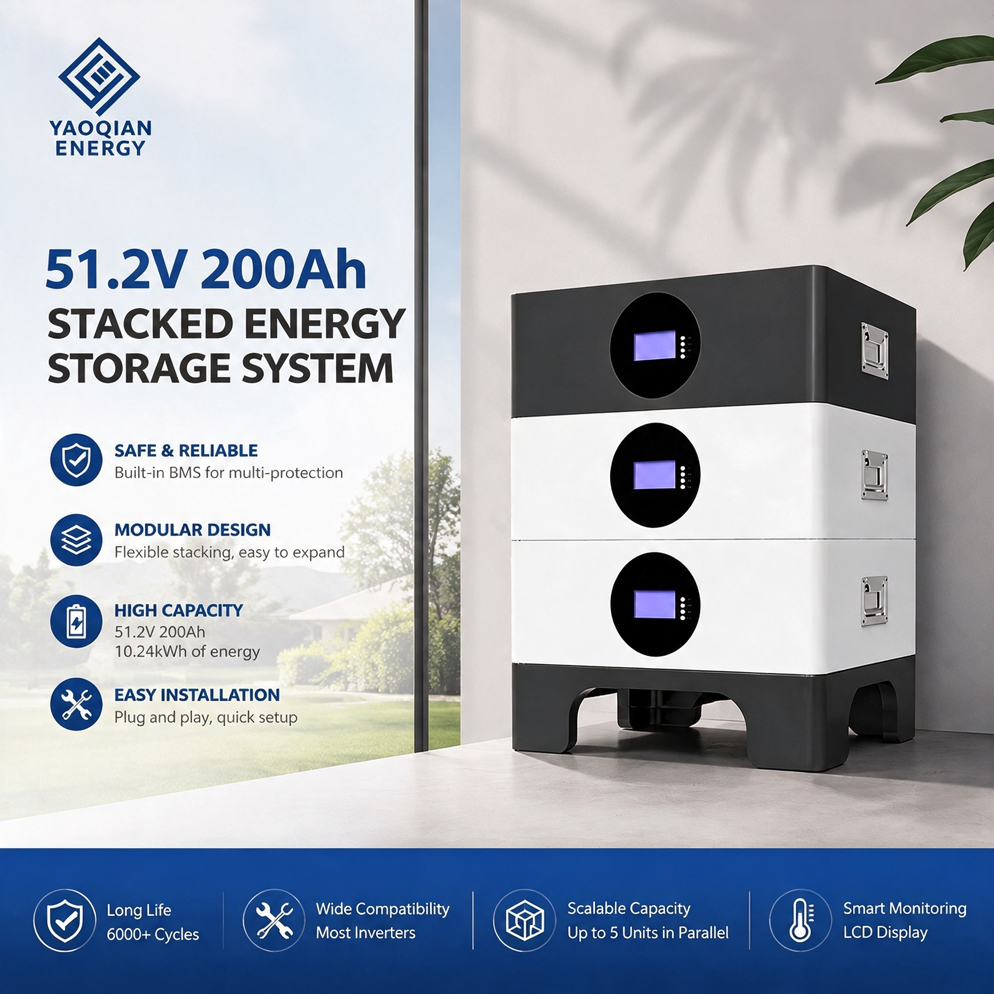 51.2V 200Ah 10kWh Lithium LiFePO4 Battery Stacked Energy Storage System for Residential Energy Storage System