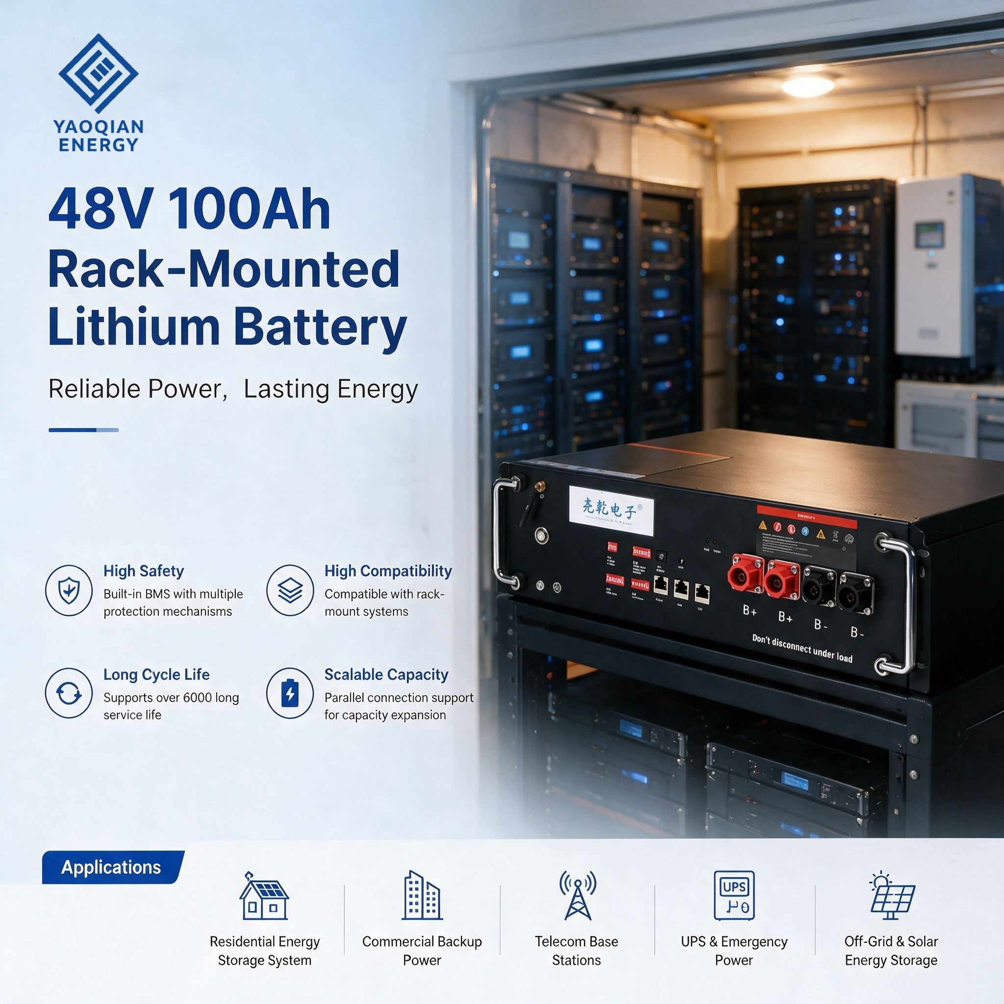 48V 100Ah Industrial Grade Rack-Mounted Lithium Ion  LiFePO4 Battery Module with Parallel Expansion Energy Storage System